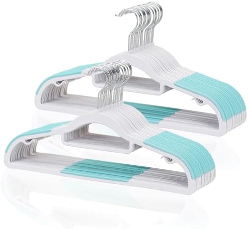 Tonswachic Pack of 30 Coat Hangers, Space-Saving Plastic Clothes Hangers, Non-Slip, 0.2 Inches Slim, 360° Swivel Silver Hook for Shirts, Pants, Suit & Wet/Dry Garments, Blue and White by TonswachicHangersSpaceSaver