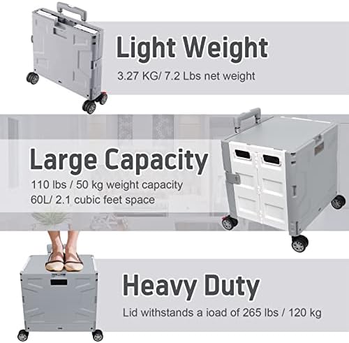 FELICON Folding Utility Cart Rolling Crate Handcart Basket Tote-Gray+White - Image 6
