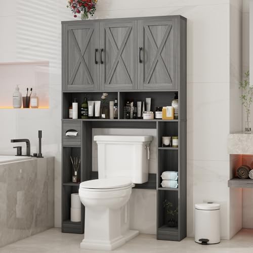 Vabches Over The Toilet Storage Cabinet with 3 Barn Doors.Wash Grey - Image 6