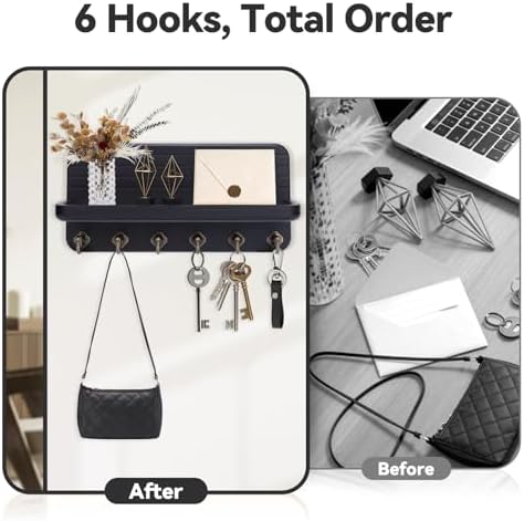 Key Holder for Wall, Mail Organizer Wall Mount with 6 Hooks Wooden Hanging Key Rack for Home Decor, Hallway, Entryway (Black) - Image 3