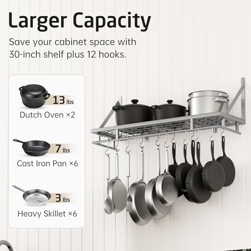 KES 30-Inch Silver Gray Pot Rack with 12 Sturdy Hooks, Wall Mounted - Image 2