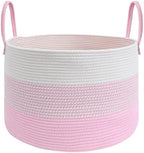 JMvicyroam 65L Extra Large Blanket Basket for Living Room - Woven Cotton Rope Laundry Hamper with Reinforced Handles - Storage Bin for Pillows, Comforters & Toys - Machine Washable,White&Pink Mix by JMvicyroam