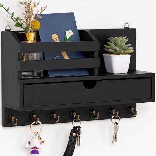 dreampossible Key and Mail Holder for Wall, Mail Organizer Wall Mount with 7 Hooks and Storage Drawer, Wooden Key Rack Hanger with Shelf for Entryway and Home Decor by dreampossible