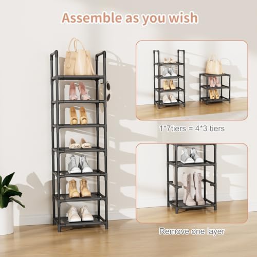 LANTEFUL Tall Shoe Rack 7 Tier Narrow Shoe Shelf Storage for 7-14 Pairs Shoe and Boot, Sturdy Shoe Storage Space Saving Corner Shoe Rack Organizer for Closet, Entryway, Living Room, Brown - Image 5
