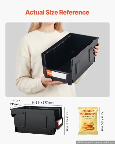 VEVOR Plastic Stackable Storage Bins, 14.8 x 8.5 x 7.1 inch (12 Pack), Plastic Containers for Organizing & Storage Bins for Garage, Small Parts, Office Supplies, Other Accessories, Black & Transparent - Image 2