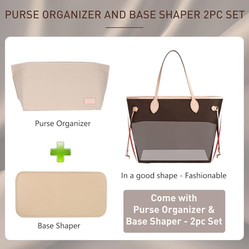 Doxo Purse Organizer Insert for Handbags & Base Shaper 2pc Set, Felt Neverfull MM Organizer Insert, Tote Bag Organizer with Zipper and Bottle Holder, Fit Speedy 30 Neverfull MM and More,Burgundy-L - Image 3