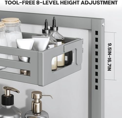 2 Pack 21IN-Depth Under Sink Organizer,Pull Out Cabinet Organizer With Smooth Cylindrical Rail,Metal Slide Out Drawer for Kitchen Bathroom Laundry,8-Level Tool Free Height Adjustable-Gun Gray - Image 4