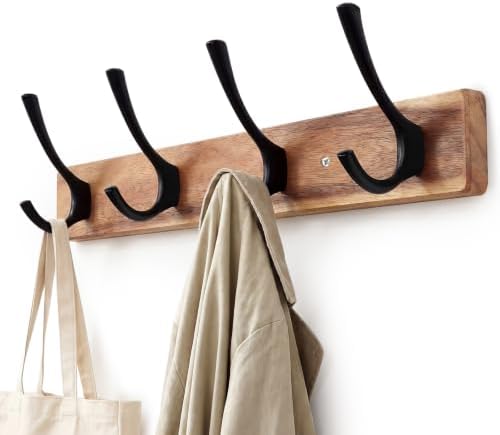 Yangbaga Coat Rack Wall Mount,Acacia Wood Coat Hooks Wall Mount,15" Wall Coat Rack with Heavy Duty 4-Double-Hooks,Hat Rack Wall Coat Hanger for Towel/Dog’s Leashes/Coat/Bag by Hanber