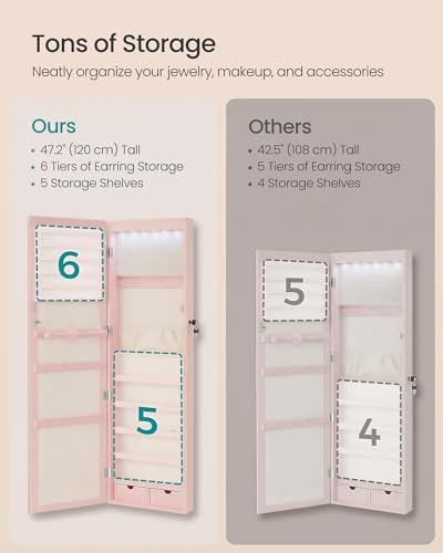 SONGMICS 6 LEDs Mirror Jewelry Cabinet, 47.2-Inch Tall, Lockable - Image 6