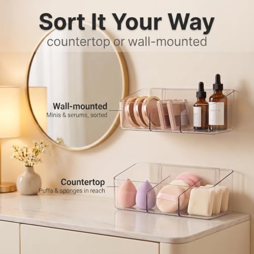 JessLab Clear Cabinet Door Organizer Bin, Angled Open Front Design, Small Acrylic Makeup Storage for Kitchen Spices, Cosmetics, Desk Supplies, Adhesive Mounted, 3 Compartment (1 Pack) - Image 4