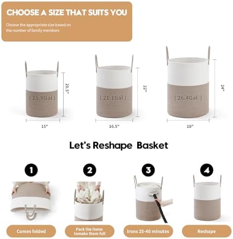 Laundry Basket Hamper Tall Rope Storage Woven for Blanket Toys Dirty Clothes in Living Room Bathroom Bedroom White & Brown 60L/15.8Gal - Image 3