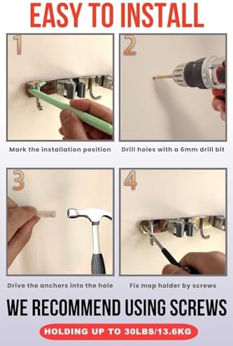Mop and Broom Holder Wall Mount, Upgraded Broom Hanger Wall Mount, Stainless Steel Broom Organizer for Closet Garage Laundry Room Kitchen Wall Decor(5Racks 4Hooks Black) - Image 5