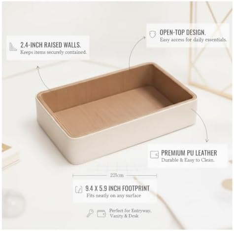 PU Leather Catchall Tray for Keys, Wallet & Jewelry - Vintage Jacquard Lined Organizer for Entryway, Vanity, or Desk (White) - Image 4