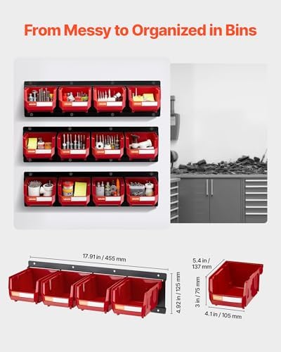 VEVOR Wall Mounted Storage Bins, 12 Plastic Bins & 3 Metal Rails, Plastic Hanging Stackable Storage Bin for Screws, Nuts, Bolts, Nails, Hardware Tool Organizer for Workshop, Craft Room, Garage, Red - Image 2