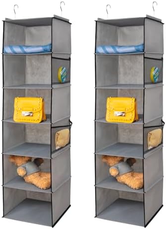 BrilliantJo 6 Shelves Hanging Closet Organizer, 2 Pack Hanging Storage with 4 Side Pockets for Clothes Shoes, 43.5"x12"x12"(Grey) by BrilliantJo