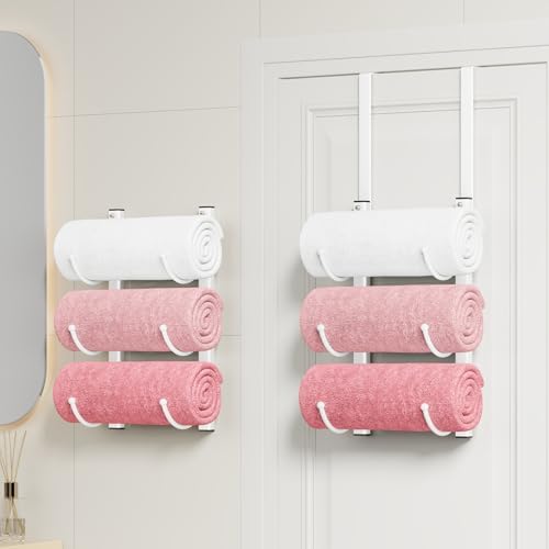 HapiRm Rolled Towel Racks for Bathroom - 3-Tier Over The Door & Wall Mounted Bathroom Towel Storage, Hanging Metal Organizer for Towels & Bath Sheets, Space Saving Rack for Bathroom, Camper, RV, White by HapiRm