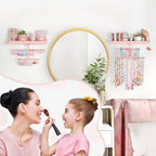 Keebofly Jewelry Organizer Wall Mounted Hanging with Wooden Shelf for Kids, Girls, Teens, Jewelry Holder Storage Display for Earring, Necklace, Bracelet, Bow, Pink, (Patented) - Image 6