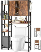 Over The Toilet Storage Cabinet with Doors - 7 Tier Bathroom Organizer with Adjustable Shelf, Freestanding Space Saver Rack Above Toilet Stand with 4 Hooks for Bathroom, Restroom, Laundry, Rustic by Besiost