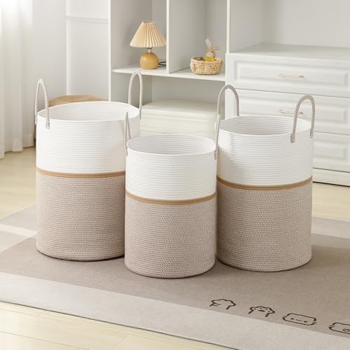 Laundry Basket Hamper Tall Rope Storage Woven for Blanket toys Dirty Clothes in Living Room Bathroom Bedroom (Blend White & Camel, 60L/15.8Gal) - Image 4