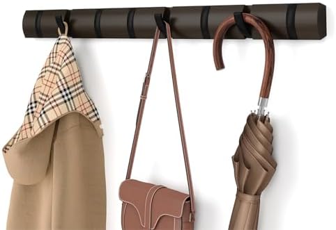 Umbra Flip Coat Rack, Wall Mount 8-Hook, Space Saving, Walnut/Black by Umbra