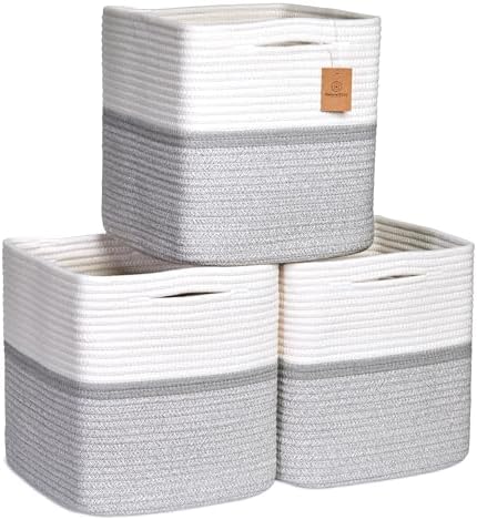 NaturalCozy Storage Cubes 11 Inch Cotton Rope Woven Baskets for Organizing, 3-Pack | Cube Storage Bin | Square Storage Baskets for Shelves Organizer, Classroom, Kids Toy Bins, Closet, Baby Nursery by NaturalCozy