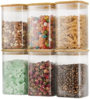 D2scrma 37oz Airtight Glass Square Storage Canisters with Bamboo Lids Set of 6 (1100ml) Striped Stackable Containers, Decorative Kitchen Jars for Tea, Nuts and Coffee (‎with Black Lable) by Delicatedtoservicecustomer