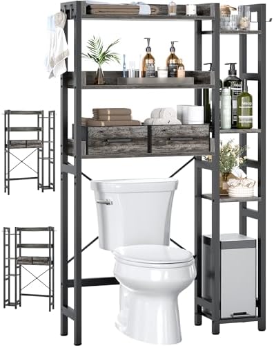 Besiost Over The Toilet Storage, 7 Tier Bathroom Organizer with Reversible Side Shelf and 2 Fabric Drawers, Adjustable Freestanding Rack Space Saver for Small Spaces, Grey Oak by Besiost