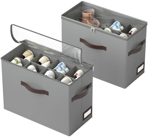 OIAHOMY 2 Pack Shoe Organizer for Closet, Foldable Shoe Storage Bins with Adjustable Dividers, Stackable Oxford Cloth Sneaker Boxes for Entryway Bedroom, Fits Up to 16 Pairs, Grey by MasterofSpaceOptimization
