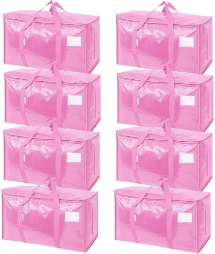 TICONN 8 Pack Extra Large Moving Bags Heavy Duty with Zippers & Carrying Handles, Durable Storage Bags Moving Boxes for Closet Organizers and Storage (8 Pack, Pink) by TICONN