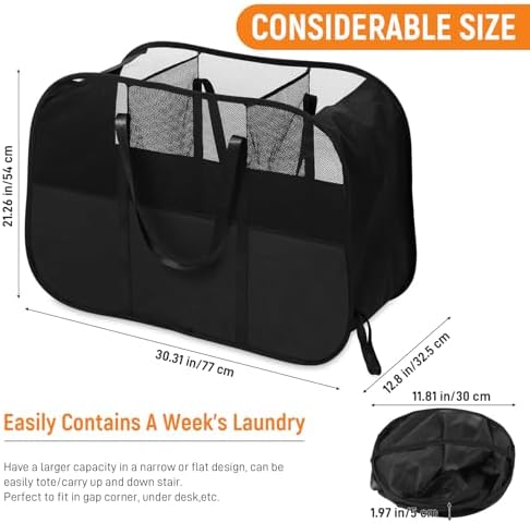 Collapsible Laundry Baskets with 3 Compartment, 150L Tear-proof Pop Up Hamper, Foldable Laundry Basket with Tote Handles, Dirty Clothes Hamper for Laundry, Bedroom, Bathroom, Dorm Black - Image 4