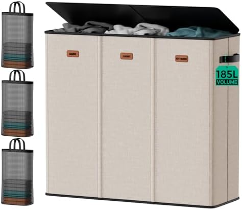 185L Laundry Hamper 3 Section with Lid & Removable Bags by MECINFUL