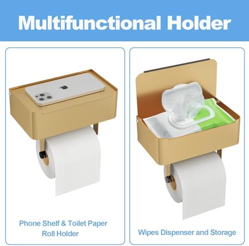 JUYSON Toilet Paper Holder, Toilet Paper Holder with Shelf, Color Gold - Image 3