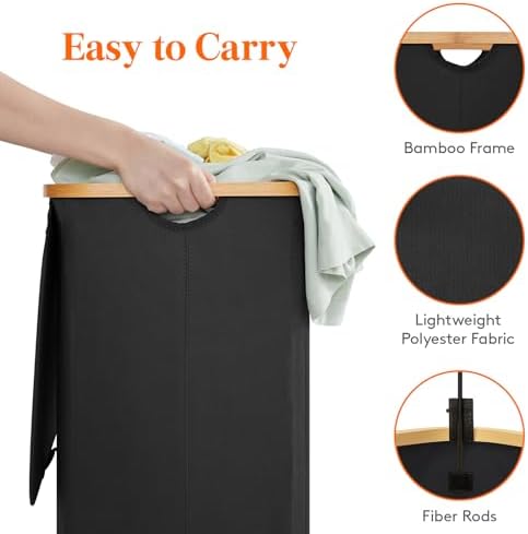 Lifewit 150L Laundry Basket with Lid, Clothes Hampers with Bamboo Handles and 2 Removable Bags, Large Foldable Laundry Hamper for Bedroom, Bathroom, Dorm, Black - Image 6
