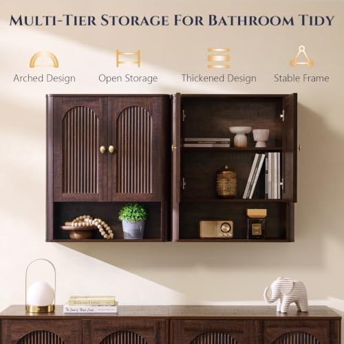 Bathroom Fluted Arched Wall Cabinet Set 2, 23.6''W Medicine Cabinet, Brown - Image 3