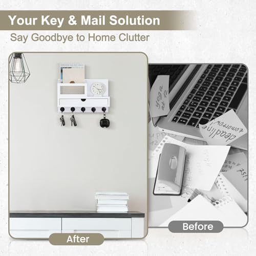 Key Holder for Wall with 5 Key Hooks and Storage Drawer - Image 6