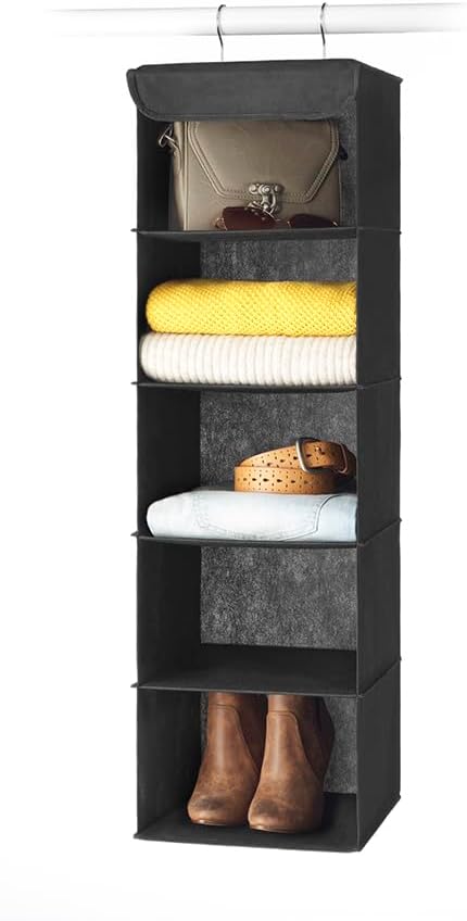 Whitmor 5 Tier Shelf Hanging Closet Organizer, Hanging Shelves with 2 Sturdy Metal Hooks,Foldable(Black) (Pack of 6) - Image 2