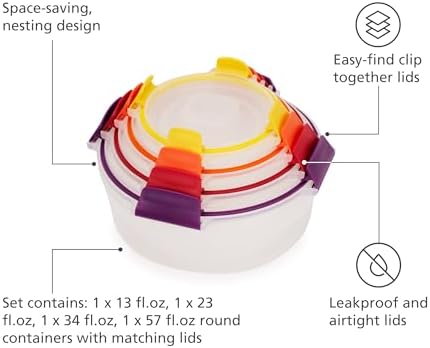 Joseph Joseph Nest Lock 8-piece Plastic BPA Free Round Food Storage Container Set with Lockable Airtight Leakproof Lids - Multicolor - Image 4