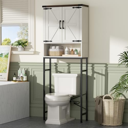 Over The Toilet Storage Cabinet with Farmhouse Doors and Adjustable Shelf, Tall Bathroom Organizer with Metal Stand Space Saver Over Toilet , Wood Rack for Bathroom, Restroom, Laundry, White - Image 7