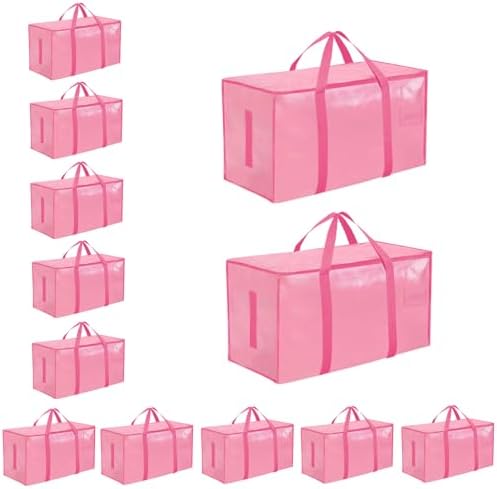12 Pack-Extra Large Heavy Duty Moving Bags - Waterproof Storage Totes with Handles & Zippers, Foldable for College Dorm, Storage (Pink) by Unknown
