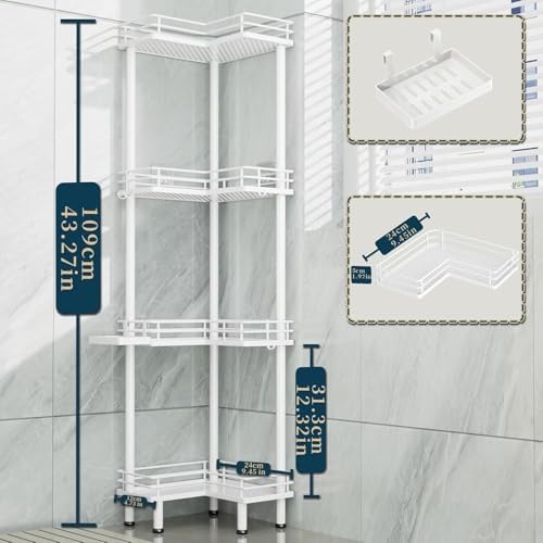 Consumest Corner Shower Caddy Standing - 4-Tier Stainless Steel Shower Organizer with Soap Holder and 4 Hooks, Large Capacity Corner Shelf Stand for Bathroom, Rest Room, White - Image 7