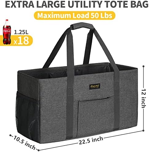 GhvyenntteS Extra Large Utility Tote Bag, Stand Up Utility Tote with Metal Wire Frame & Hard Bottom Board, Reusable Grocery Bags With Handles, Extra Large Beach Bag, Collapsible Car Tote - Image 4