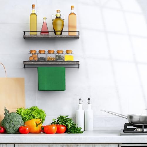 Meangood Floating Shelves Wall Mounted Set of 2, Wall Shelf with Towel Bar Rustic Wood Wall Storage Shelves for Bedroom,Living Room,Bathroom, Kitchen Pine - Image 6