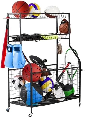 LUGO Heavy-Duty Rolling Sports Equipment Organizer – Ball Storage Rack with Lockable Wheels, Shelves, Baskets & Hooks – Garage, Home & Outdoor Sports Gear Holder for Basketballs, Toys, Helmets & More by LUGO