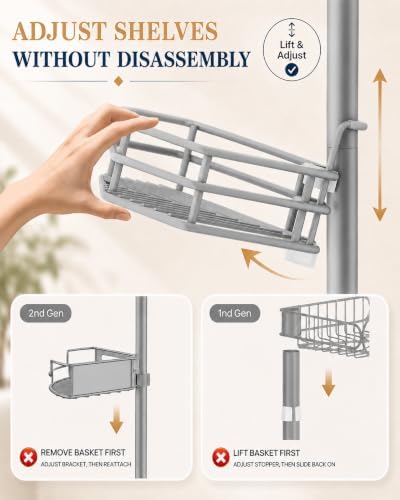 SEIRIONE Corner Shower Caddy Tension Pole, Quick Setup, Rust-Free Bathroom Shower Organizer Corner for Bathtub Shampoo Storage, 4-Tier Adjustable Shelf, Fits 34 to 116 Inch Height, Silver Gray - Image 5