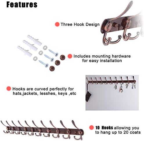 Dseap Coat Rack Wall Mount - 38” Long 10-Tri-Hooks Heavy Duty Coat Hanger Rail Wall Hooks for Hanging Coats Hats Clothing Clothes Purse Mudroom Entryway, Antique Copper, Pack of 2 - Image 6