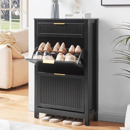 2-Flip Drawer Shoe Cabinet Narrow Entryway Rack, Black - Image 5