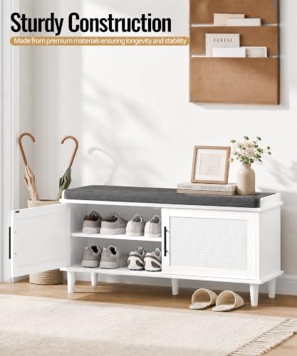 Akxomel 39.4" Rattan Shoe Storage Bench 2 Doors Wooden Entryway Bench White - Image 2