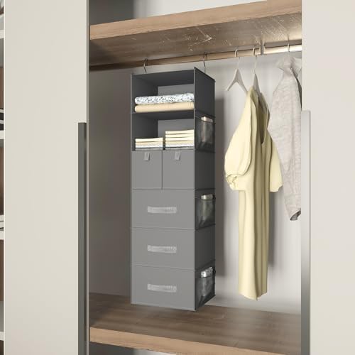 6-Shelf Hanging Closet Organizer with 5 Drawers, Non-Woven Storage, Gray | Spacious compartments sort clothes & undergarments; foldable drawers add hidden storage for closets, wardrobes or RVs. - Image 3