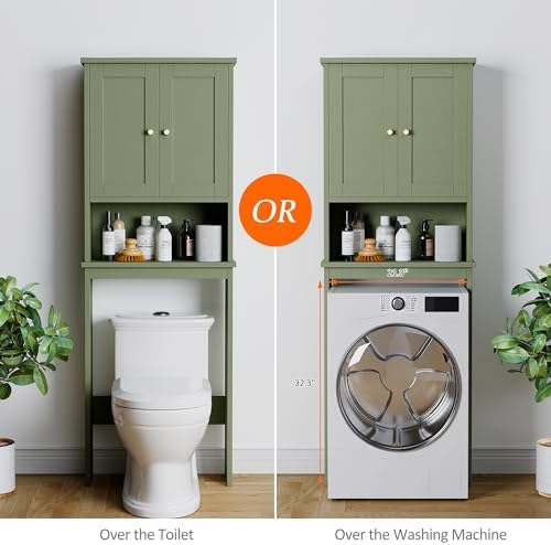 Over the Toilet Storage Cabinet, Bathroom Storage Organizer Over Toilet, Space Saver W/Adjustable Shelf & Open Shelf, Green - Image 5