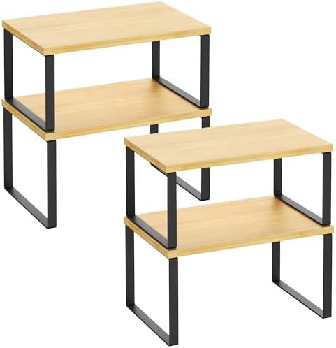 Kitchen Cabinet Organizer Shelf Set of 4, Sturdy Kitchen Counter Shelves with Metal Legs, Stackable Expandable Wood Spice Rack Pantry Cupboard Dish Mug Cup Storage Organizer Shelf,Black+Bamboo by SelefrecosStorage